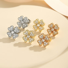 Clover Pearl CZ Stud Earrings Women Gold Silver Champagne Jewellery Gift