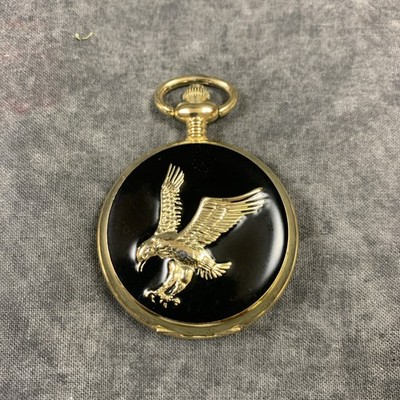 Allude Quartz Pocket Watch Gold & Black W/Eagle Embossed No Chain New Battery