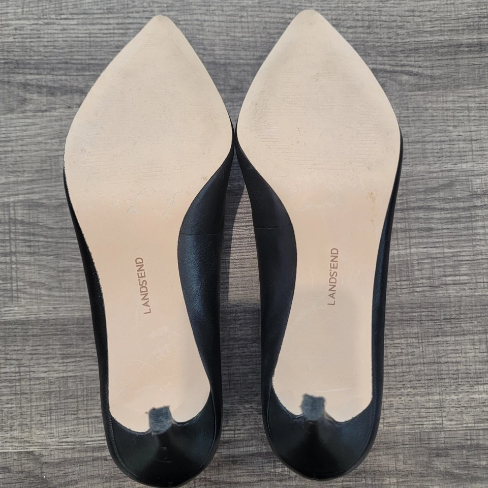 Zapatos de salón Lands' End Pointer Toe de cuero negro festoneado talla 8B Foto 3 de 4