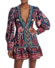 Farm Rio Floral V Neck Mini Dress Small Teal Pink Ruffle Boho