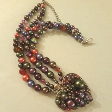 Double Stranded Pearl Bead Choker Large Heart Pendant Jewel Tone