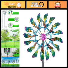 64" Tall Peacock Feather Wind Spinner - Outdoor Metal Kinetic Windmill for Yard