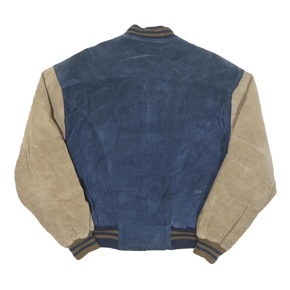 GLOBAL IDENTITY Mens Navy & Tan Leather Bomber L Leather Colourblock Zip Jacket - Image 3 of 4