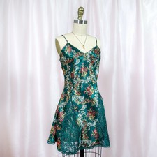 VTG 90s Victorias Secret Gold Label Green Floral Satin Slip Dress Sz S