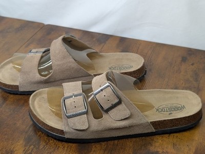 Woodstock Men's Beige Suede Buckle Adjustable Strap Slide Sandals Size 11M