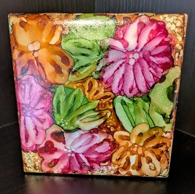 SFA (Small Format Art) 4.25x4.25 ceramic tile, alcohol ink, hang/display,flowers