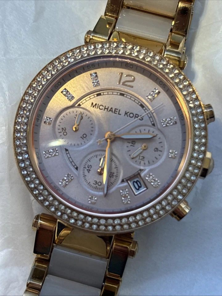 Женские часы Michael Kors розовое золото с драгоценными камнями мульти циферблат MK-5896 дата - Изображение 4 из 4