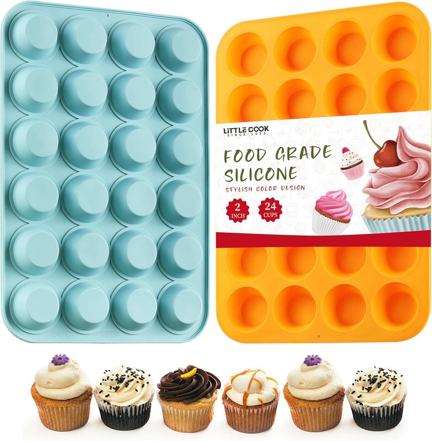 2PCS Silicone Mini Muffin Pan 24 Cup Nonstick BPA Free Dishwasher Safe