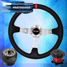 Deep Dish Black Steering Wheel Red Stitching + Quick Release For 88-91 Civic