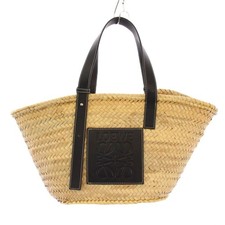 【BAG】LOEWE Medium Basket Bag Woven Handbag Logo Bicolor Beige Black