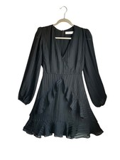 ASTR The Label Small Faux Wrap Dress Black Ruffle Sheer Silk Bl Goth Whimsical