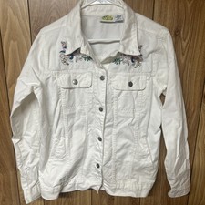VTG Women  s Collections Etc Embroidered Floral White Denim Jacket Size Medium