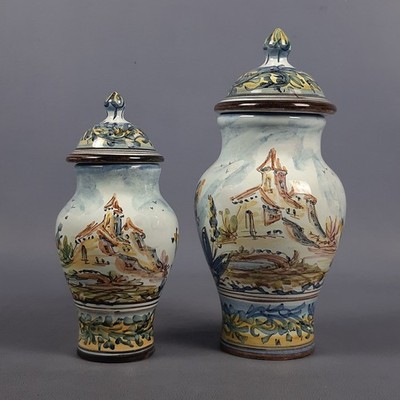 Albissola Potiche Vases EMMEBI Bertolotto Vintage Landscape And Putto 1960
