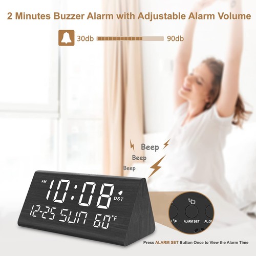 Digital Alarm Clocks for Bedrooms - Wooden Desk Clock with Date, Day of Week,... - Picture 3 of 6