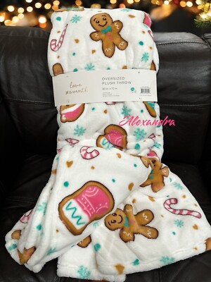 Christmas Pink Teal Gingerbread Candy Cane Throw Blanket Oversized 60x70  New