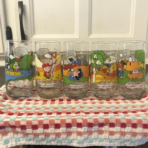Vintage McDonald’s Camp Snoopy Collection Glasses Lot Of 5 ~ Vibrant Color