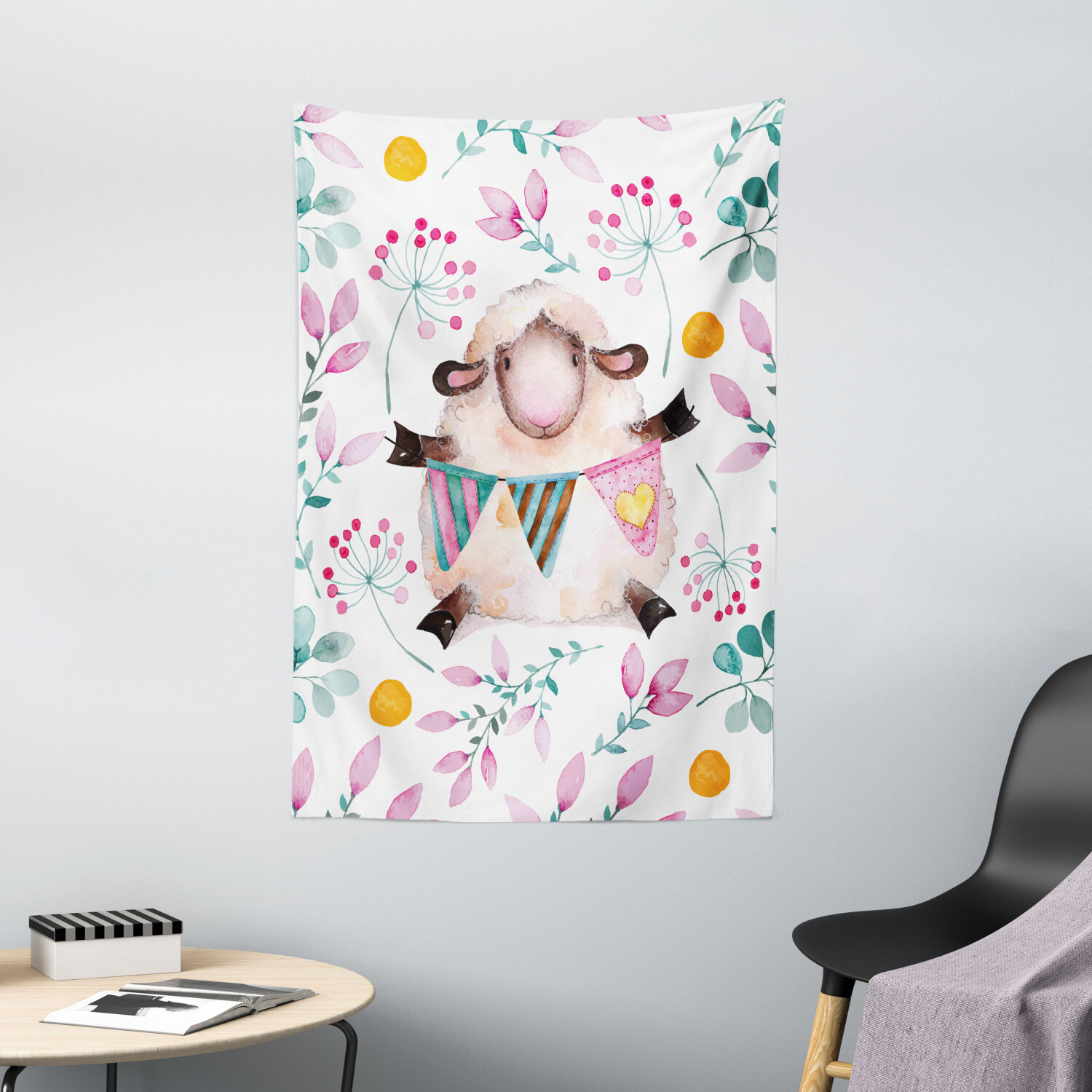 Floral Tapestry Watercolor Cartoon Sheep Print Wall Hanging Decor