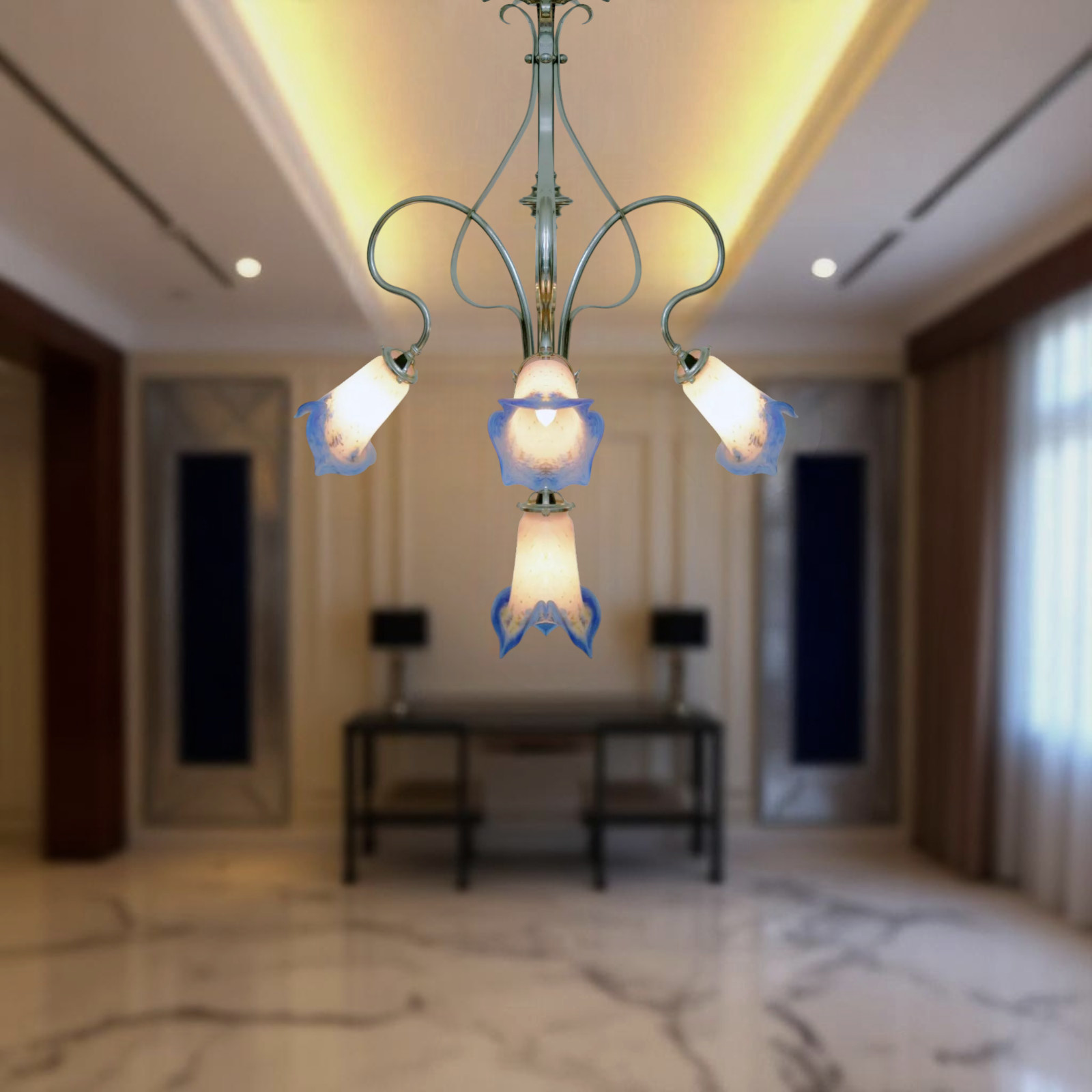 Art Deco Nickel Ceiling Chandelier Petitot