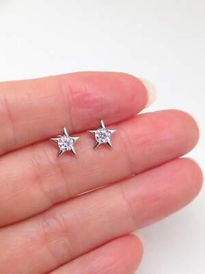 925 Sterling Silver CZ Star Stud Earrings Tiny Dainty Studs 6.5mm