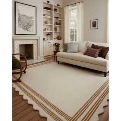 Scalloped White & Brown Hand Tufted Rug For Living Room Bedroom 8X10 Area Rug .