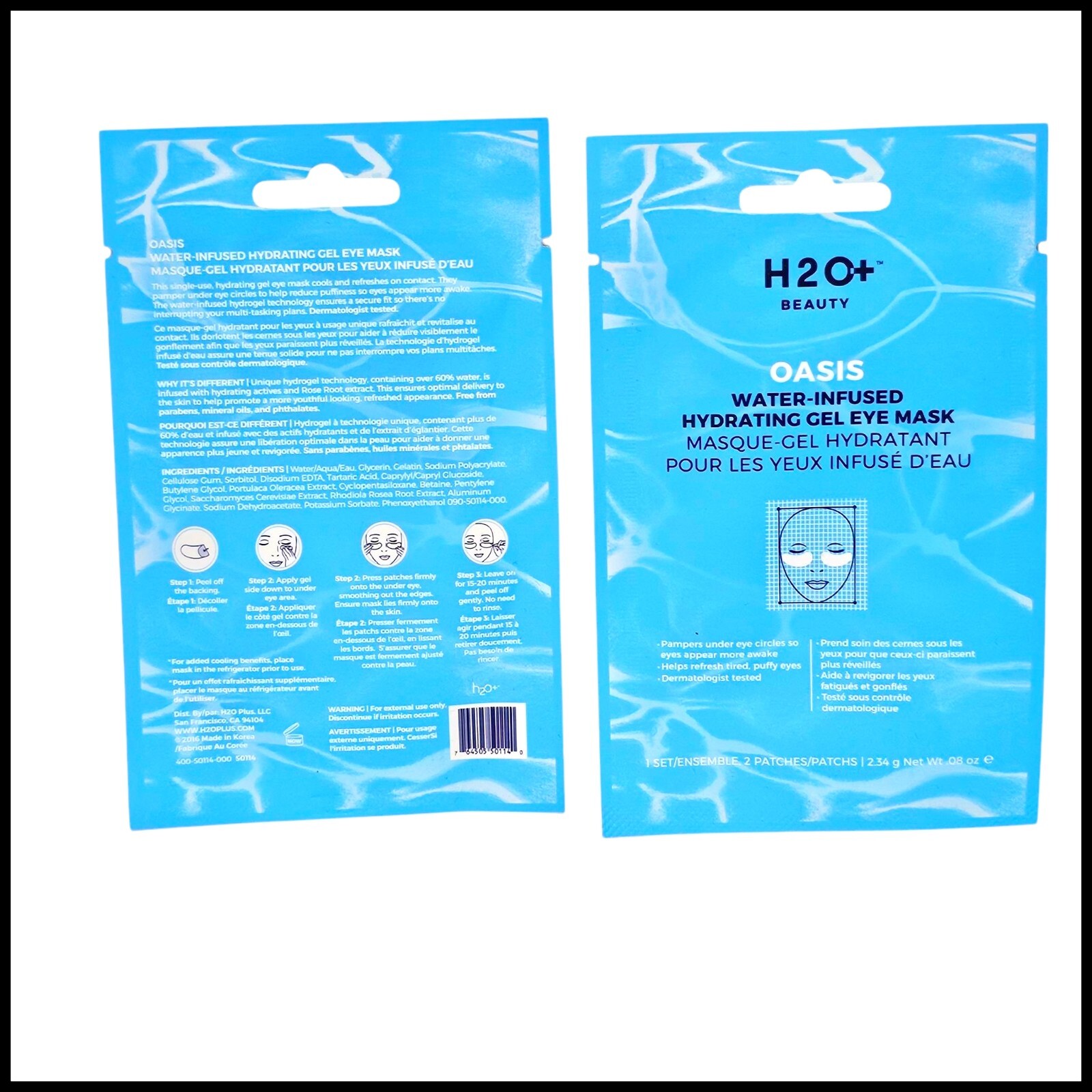 2 x увлажняющих гелевых маски для глаз на основе воды H2O + plus Oasis, 1 пара запечатанных