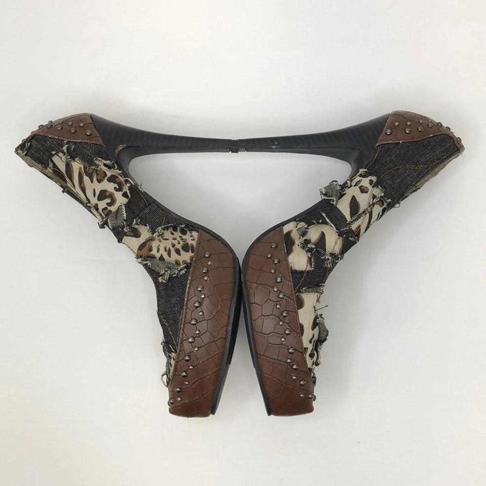 女式棕色 Bertinni 牛仔和豹纹高跟鞋,7 码 — 第 4/4 张图片