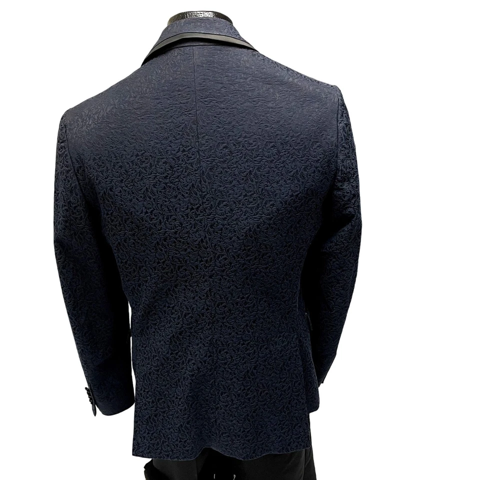 Zara Man BLUE Textured BROCADE Sport Coat Tux SATIN TRIM Formal Tuxedo Blazer 38 - Image 3 of 4