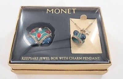 MONET Trinket Box JEWELED CROWN Charm  Collectible Enamel Keepsake NIB