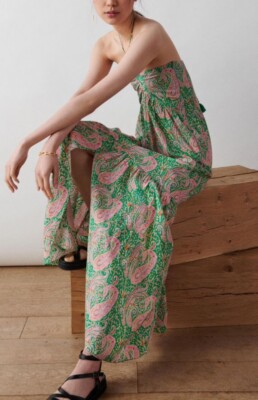 NEW BA&SH Omy Paisley Strapless Cotton Maxi M/L Dress