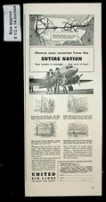 1940 United Air Lines Vacation Planes Map Flight Family Vintage Print Ad 35879