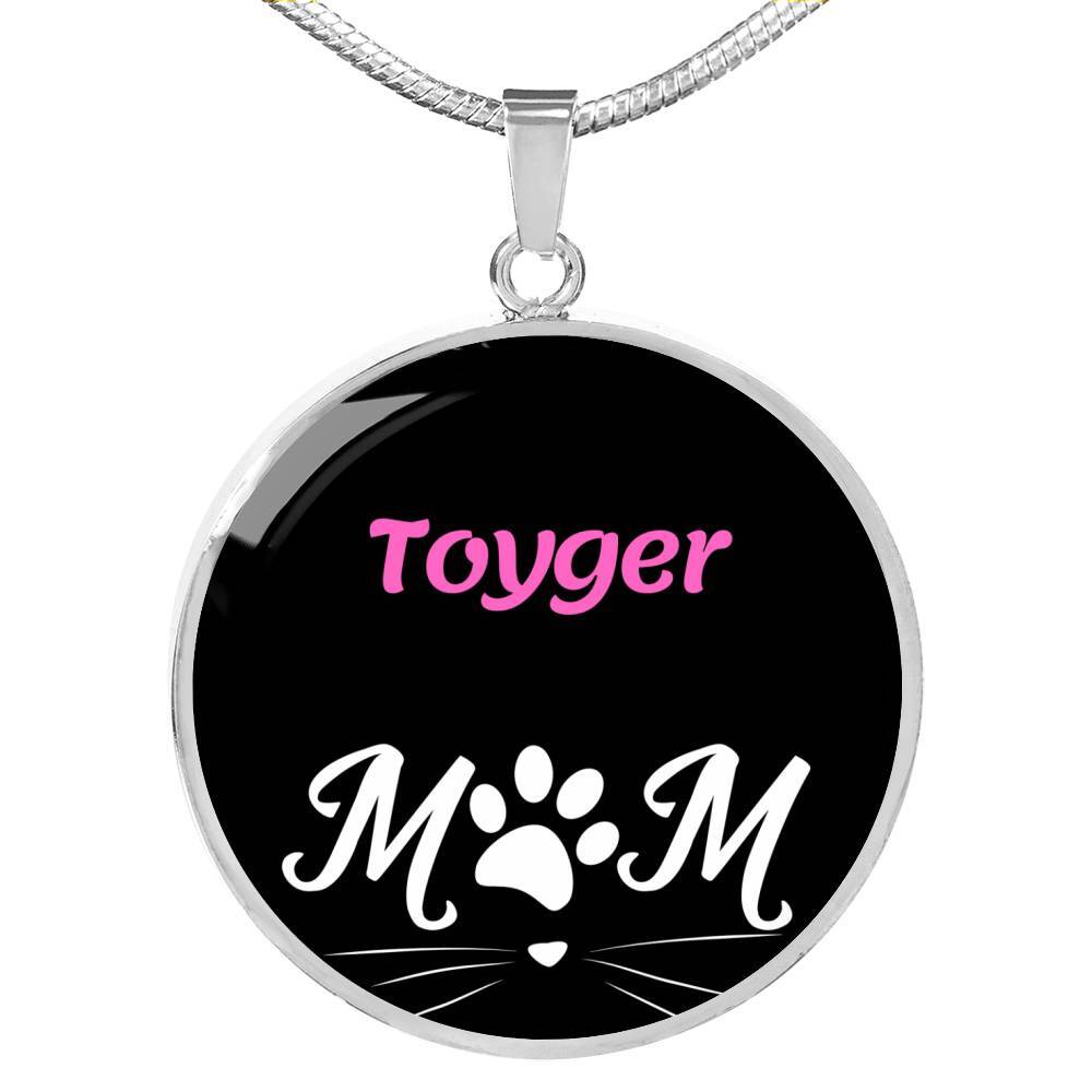 Toyger Cat Mom Necklace Circle Pendant Stainless Steel or 18k Gold Adjustable 18-22 Inch Chain  