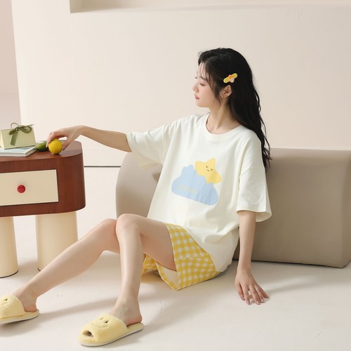 Women Cute Pajama Set Short Sleeve Crew Neck Shorts Summer Cartoon 2 Piece Pjs - Picture 43 of 92