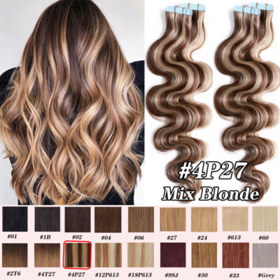 Invisible Tape In Remy Human Hair Extensions Skin Weft Curly Body Wave Blonde 8A