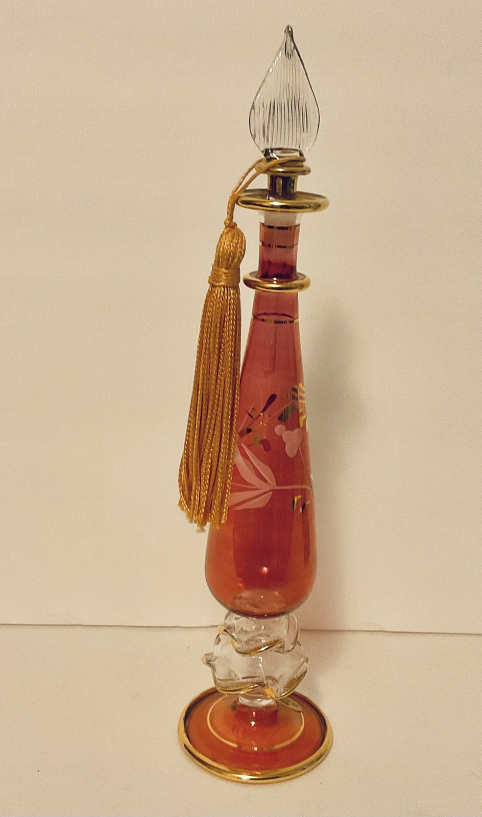 Vintage Egyptian Blown Glass Etched Floral Perfume Bottle With - Main Image