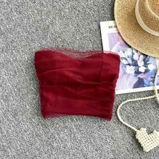 Sweet Mesh Tube Top Chic Off Shoulder Slim Tanks Top Elegant Basic Crop Top
