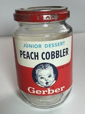VTG 1960s GERBER Baby Food Junior Dessert Peach Cobbler Jar Red Label 7 3/4 oz