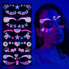 5 Sheets Large Neon Temporary 4th July Glow in the Dark Tattoos w/ UV Blacklight