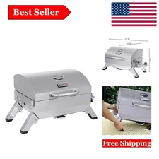 Portable Stainless Steel 10,000 BTU Gas BBQ Grill with Folding Legs & Lockabl...