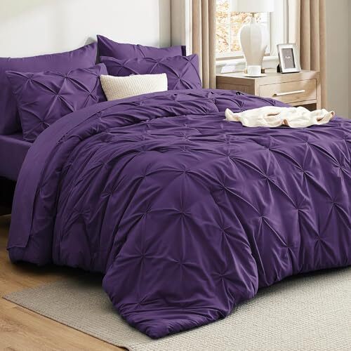 Purple Comforter Set - Bed in a Bag 7 Pieces, Pintuck Queen 21 - Purple