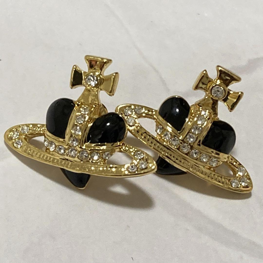 Vivienne Westwood Earrings Pierce Diamante Heart Gold Black 2.5 cm