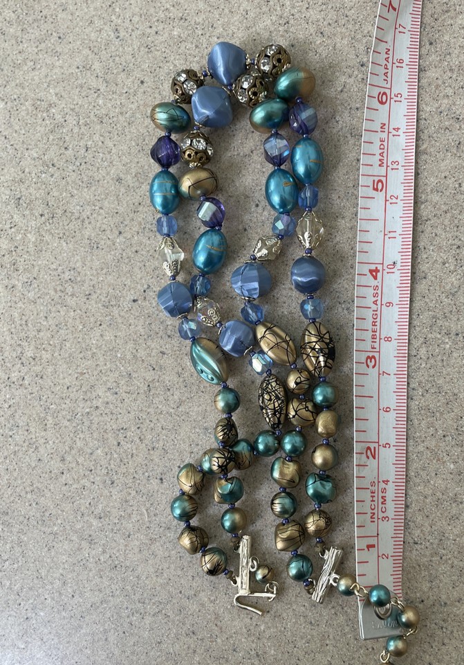 Vintage Necklace Blue Beaded Double Strand Earring Japan Costume