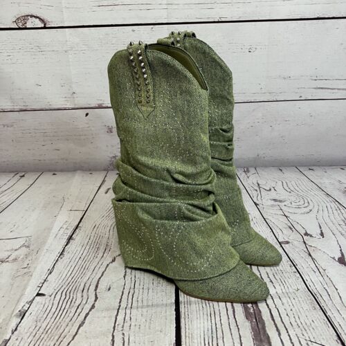 Azalea Wang Boots Womens 9 Green Sinead Wedge Pull On Denim Fold Over Scrunched