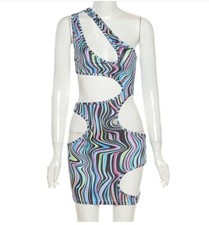 NEW Women Asymmetry Hollow Out One Shoulder Bodycon Club Party Mini Dress S