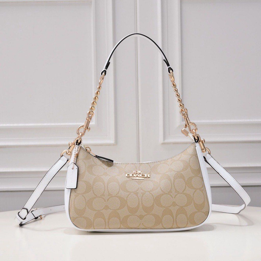 NWT Coach Teri 2way Womens Trendy Leather Shoulder Bag Crossbody, Khaki/White