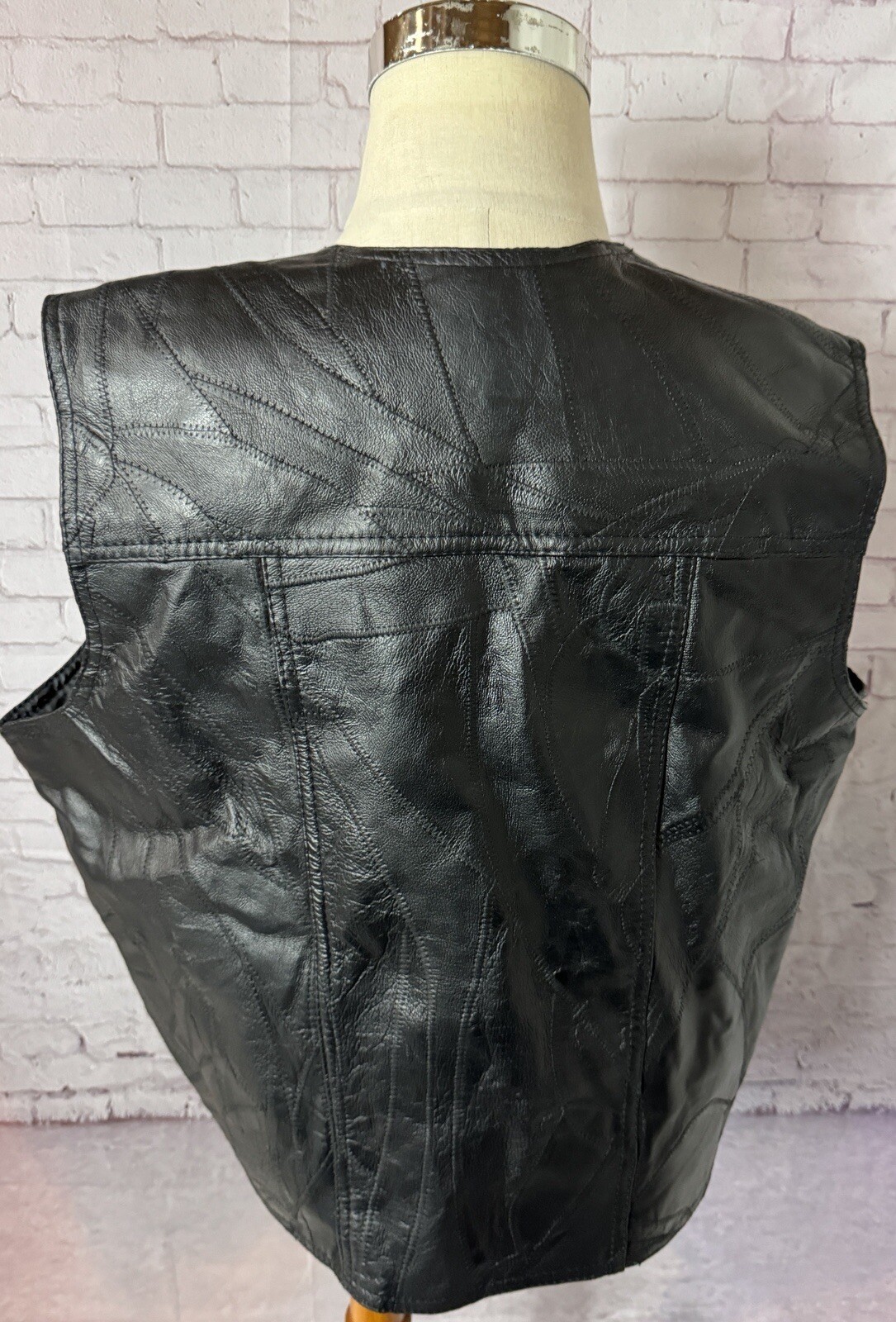 Black Patchwork V Cut Snap Button Leather Vest Mo… - image 4