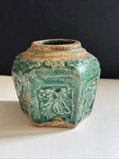 Antique Asian Earthenware Pottery Hexagon Shiwan Vase Ginger Jar Green Glazed 4”
