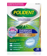 Polident Overnight Whitening Antibacterial Denture Cleanser Tablets, 60 Count