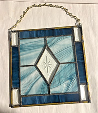 Vintage Blue Stained Glass Suncatcher Panel Beveled Star 9x9 Hanging