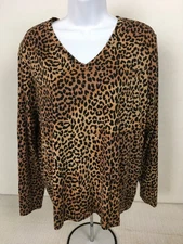 Lands End Top Women Size L Brown Black Leopard Print V neck Long Sleeves