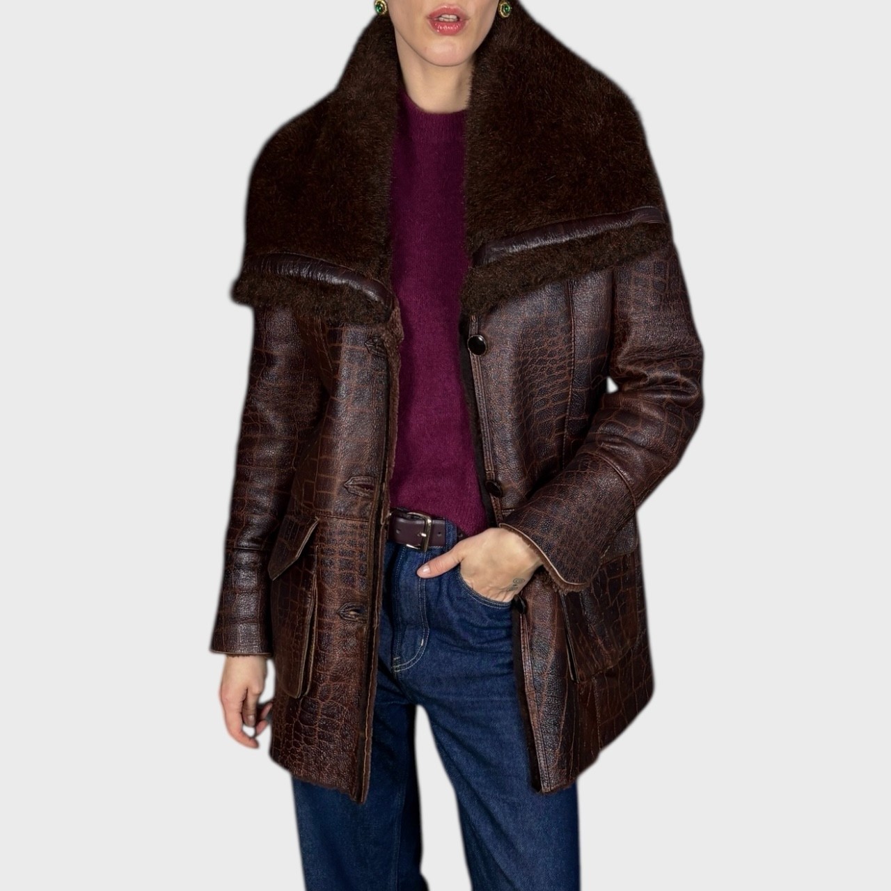 Vintage Mahogany Brown Shearling Leather Coat size US 6/8 EU38/40 image 3